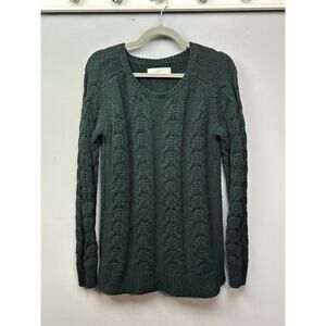 LOFT Sweater Womens Medium Green Cable Knit‎ Wool Camel Hair Blend Casual Career